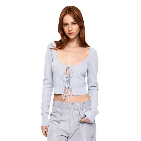 Lioness‎ Cropped Cardigan Gray Pinstripe S Y2K Fashion Sexy Boho Layer - Picture 1 of 7